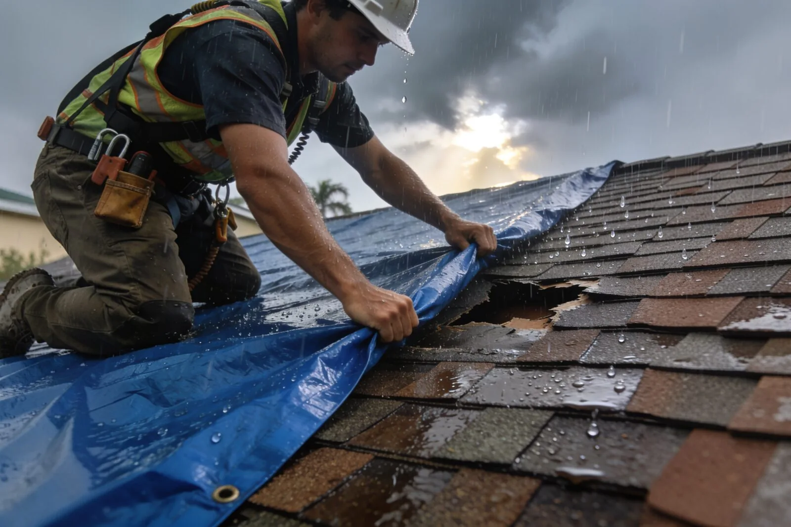 Roofer in a hard hat and safety harness pulling a blue tarp over a damaged, rain-soaked shingle roof under dark storm clouds.