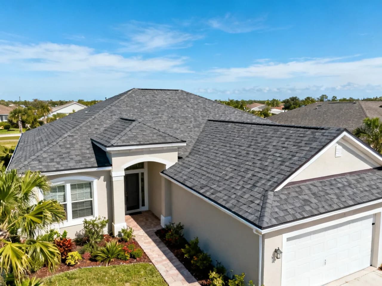 Single-story Florida stucco home with a new charcoal-gray architectural shingle roof, arched entry, white garage door and palm-lined landscaping under a blue sky.